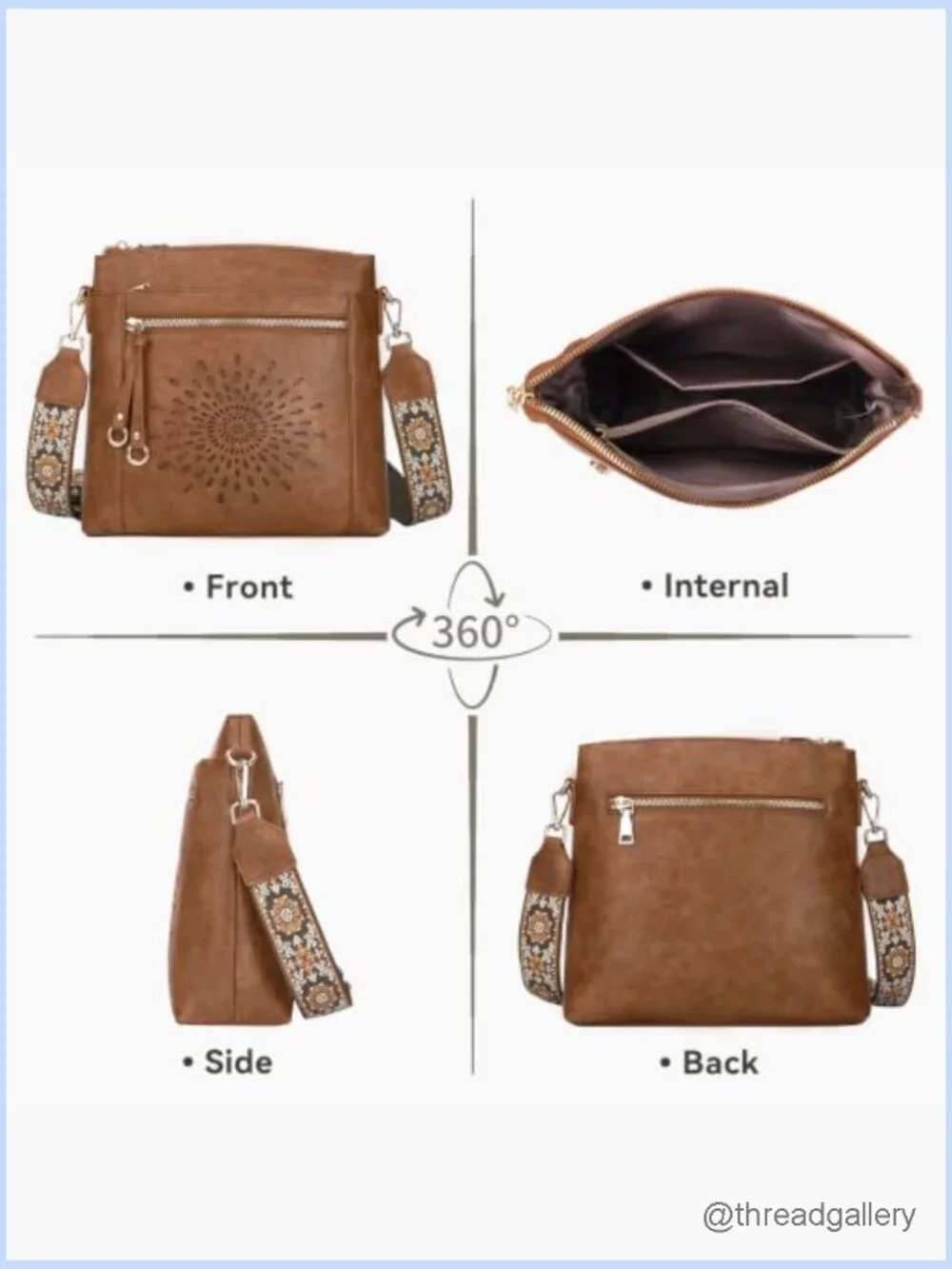 Faux Leather Crossbody Bag with Wide Guitar Strap Multi Pocket Hobo Purse